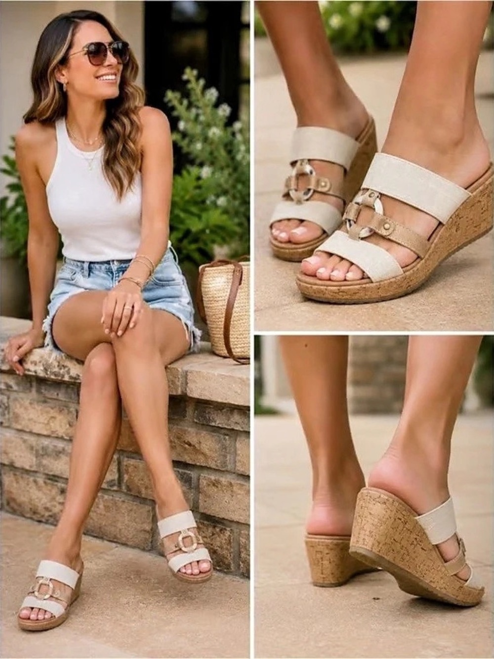 Skechers Luxe Foam Wedge Sandals White & Brown